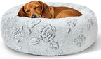 Dog Calming Beds for Small Medium Large Dogs - Round Donut Washable Puppy Dog Bed, Anti-Slip Faux Fur Fluffy Donut Cuddle Anxiety Cat Pet Bed (32" Rose)
