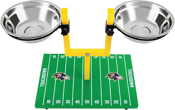 NFL Baltimore Ravens Goalpost Football Field Dog Feeder – Adjustable Elevated Dog Bowls with Stand, 2 Stainless Steel Bowls, Non-Slip Rubber Feet, Raised Pet Feeder for Large & Small Dogs, Cats.