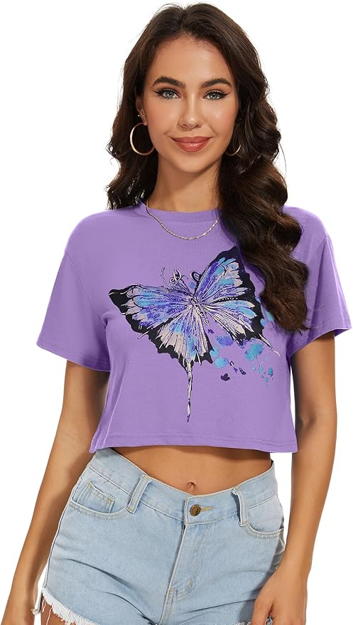 Womens Summer Crop Tops Short Sleeve Round Neck T-Shirts Loose Fit Casual Blouse