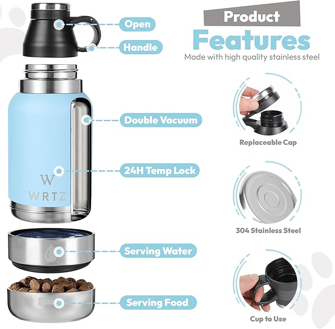 Stainless Steel Insulated Water Bottle with 2 Removable Water Bowls for Dogs – Leak-Proof Portable Dog Water Bottle - Travel Accessories for Dogs - 32oz - Blue