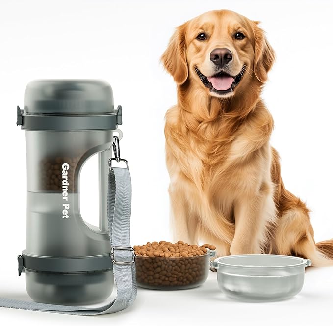 Gardner Pet Portable Dog Water Bottle&Food Container (49.6oz) – Leakproof Travel Water Bottle for Medium/Large Dogs (30+ lbs) Hiking, Camping, Beach – 2 Collapsible Bowls & Shoulder Strap (Grey)
