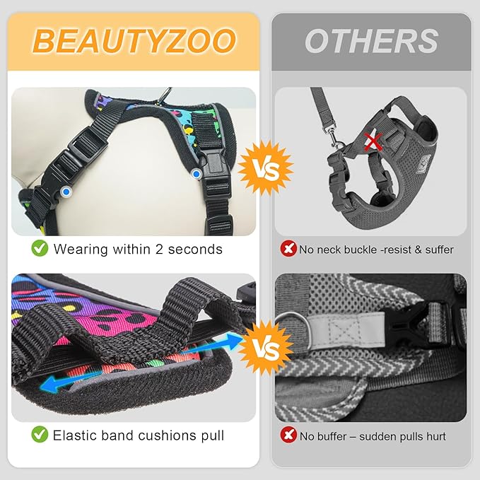 BEAUTYZOO Cat Harness and Leash Escape Proof for Walking[MAX Safety Upgrade]- Neck Release Adjustable Harness for Cats Puppy,Soft Comfortable Lightweight & Reflective Travel Kitten Harness for Outdoor