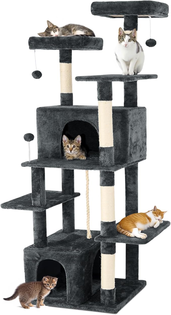 69-Inch Tall Cat Tree with Huge Condos, Multi-Functional Cat Tower with Top Perches, Scratching Posts, Pompoms, for Climbing, Lounging and Playing (Dark Grey)