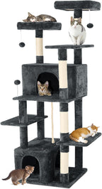 69-Inch Tall Cat Tree with Huge Condos, Multi-Functional Cat Tower with Top Perches, Scratching Posts, Pompoms, for Climbing, Lounging and Playing (Dark Grey)
