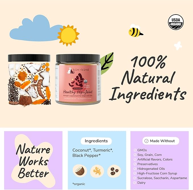 kin+kind Hip and Joint Supplement for Dogs & Cats – Vet Formulated Natural Joint Support with Organic Turmeric, Black Pepper & Coconut – Dog Essentials & Cat Essentials – Made in USA – 4 oz (Medium)