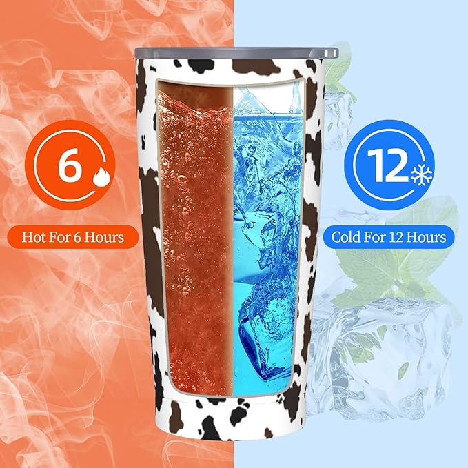 Cow Print Tumbler with Lid and Straw, 20 Oz Cup Stainless Steel Insulated Water Bottle Coffee Mug
