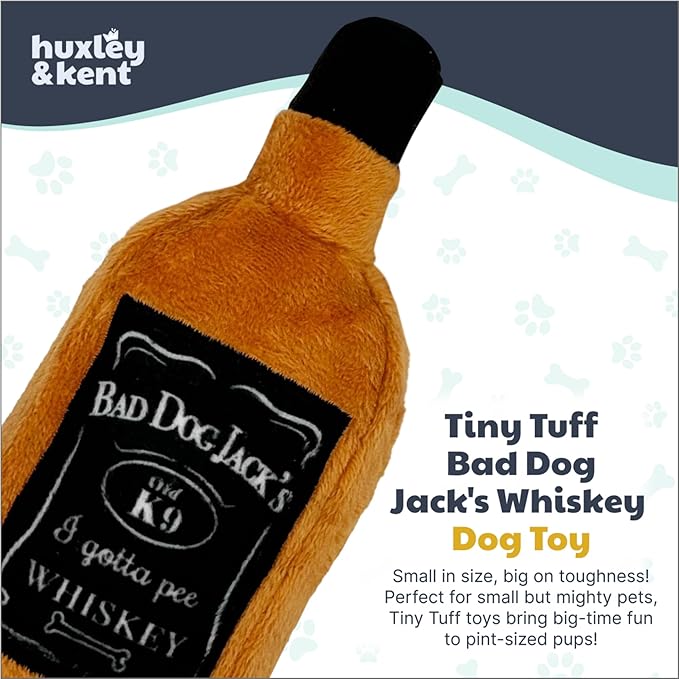 Huxley & Kent Funny Dog Toy w/Squeaker – Power Plush Squeaky Dog Toys for Small Dogs – Durable Small Stuffed Animal for Indoor Play & Fetch - Tiny Tuff Bad Dog Jack's Whiskey