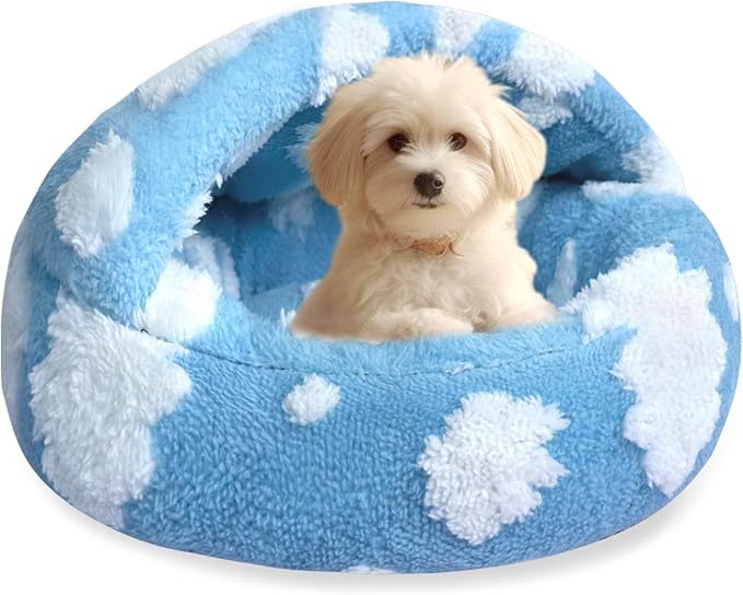 HYQ Cat Beds for Indoor Cats, Small Dog Bed with Cover Cave, Cozy Cat Cave Bed, Round Puppy Bed with Hooded Cover, Dog Beds for Small Dogs with Anti-Slip Bottom(Blue, 24×24 Inch)
