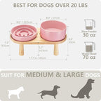 Ceramic Slow Feeder and Water Bowl Set for Medium and Large Dogs, Ceramic Dog Bowls Elevated with Wooden Stand, 2.0 Cups Dog Slow Feeder(30oz) and 70oz Water Bowl Set, Pink
