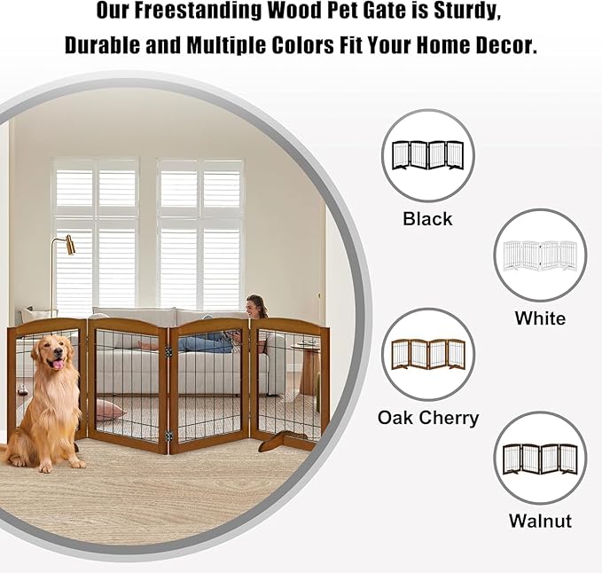 LZRS 4-Panel Freestanding Wooden Dog Gate—Extra Wide 30” Tall Foldable Pet Barrier with Support Feet, Solid Hardwood & Steel Wire Safety Gate for Doorways, Hallways, and Stairs, Cherry