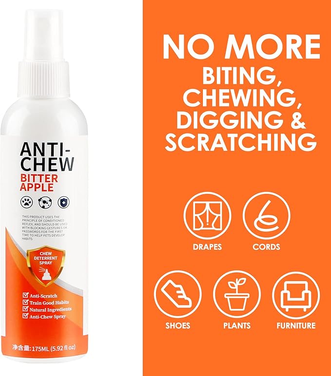 Bitter Apple Spray for Dogs to Stop Chewing, 175ML Effective Dog & Cat Deterrent Spray for Furniture, Plants, Floor, Safe No Chew Spray for Dogs to Easily Create Restricted Areas Orange