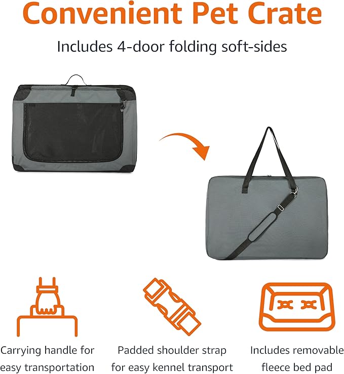 Amazon Basics Portable Dog Crate Pet Carrier 4-Door Soft Folding Cat Carrier Large, 36L x 24W x 24H inches, Grey