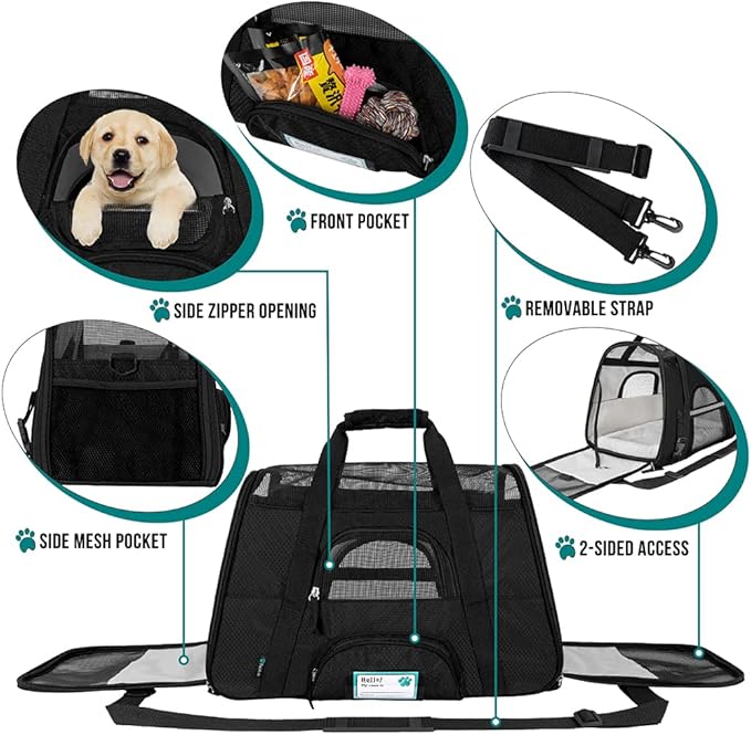 PetAmi Airline Approved Pet Carrier for Cat, Soft Sided Dog Carrier for Small Dogs, Cat Travel Supplies Accessories for Indoor Cats, Ventilated Pet Carrying Bag Medium Large Kitten Puppy, Large Black