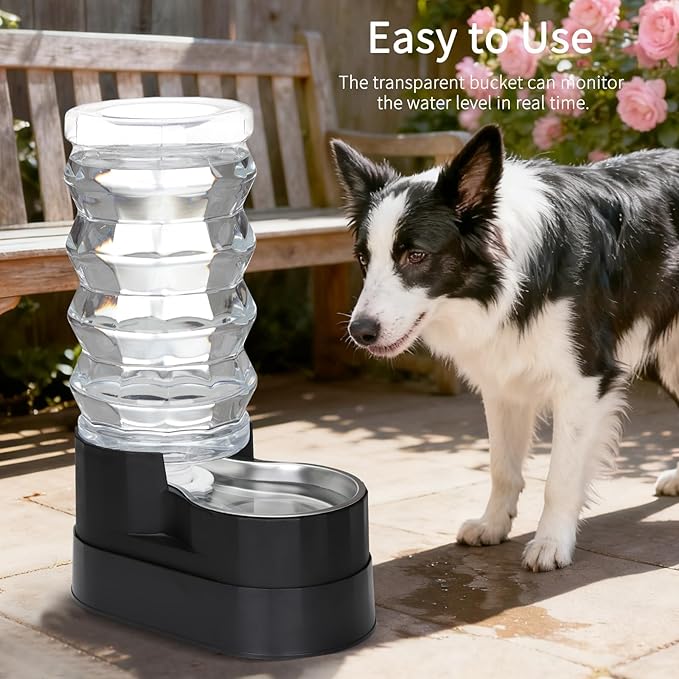 RIZZARI Automatic Pet Waterer, Gravity Stainless Steel Water Dispenser, 100% BPA-Free, Large Capacity Water Feeder for Cats and Small and Medium-Sized Dogs (Jet Black, 9L)