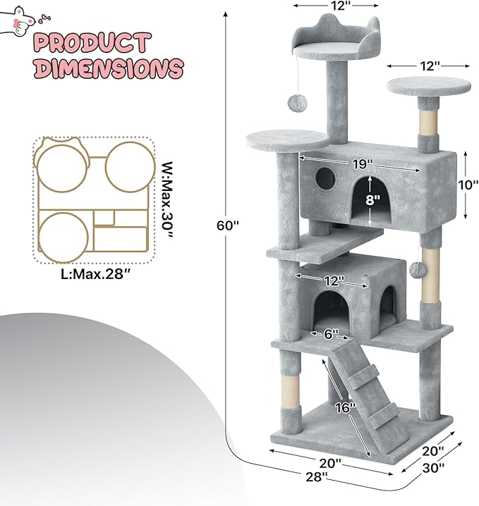 MoNiBloom 60 Inch Cat Tree Tower for Indoor Cats Large Adults, Cat Tower with Scratching Post, Multi-Level Furniture Activity Center with Cat Condo Pet Play House, Light Grey