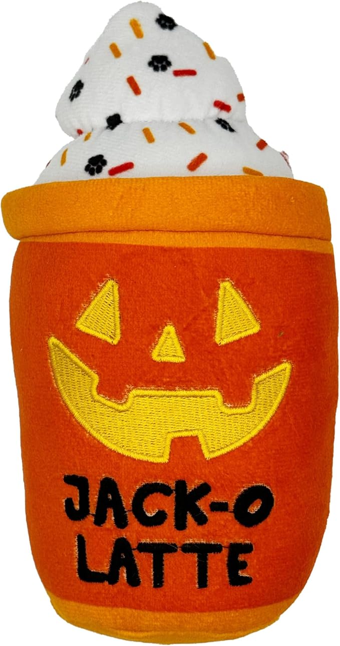 Huxley & Kent Halloween Funny Dog Toy w/Squeaker – Power Plush Squeaky Dog Toys for Small, Medium & Large Dogs – Soft Stuffed Animal for Indoor Play & Fetch - Jack-O-Latte, One Size