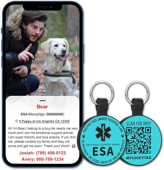 MYLUCKYTAG QR Code ESA Emotional Support Dog ID Tag - Pet Online Profile - Scan QR Receive Instant Pet Location Alert Email