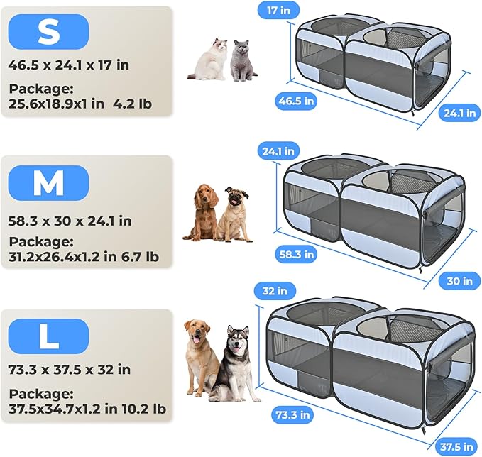 2-in-1 Pop Up Cat Playpen, Detachable into 2 Separate Pens with Additional Doors, Assembly-Free Portable Dog Crates Pet Pen Tent Kennel Kitten Puppy Enclosure Cage Indoor Outdoor Foldable Condo(M)