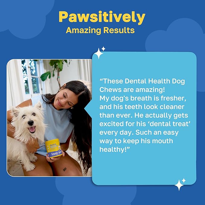 Happy Paws Dental Chews for Dogs, Spearmint Flavor Soft Chews with Coconut Oil, Enzyme Blend, Spirulina, Sea Kelp & P-6 Probiotics, Supports Oral Hygiene, Fresh Breath & Digestive Health, 100 Count