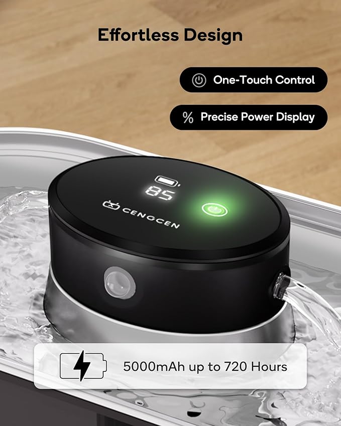 Cat Water Fountain Cordless, 108oz/3.2L Wireless Cat Fountains for Drinking, Pet Water Fountains for Cats Indoor, Automatic Cat Water Dispenser Battery Operated Rechargeable, Stainless Steel Black