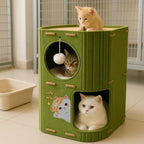 2-Tier Felt Cat House & Tunnel Bed for Indoor Cats – Enclosed Felt Cat Cave Condo with Plush Ball & Cushion – Cozy Hideaway Nest & Cat Furniture, Large Covered Casa para Gatos