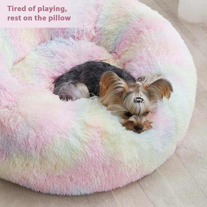 WNPETHOME Calming Dog Bed Cat Bed Donut, Faux Fur Pet Bed Self-Warming Donut Cuddler, Comfortable Round Plush Dog Beds (20 x 20 x 8 Inch, Rainbow)
