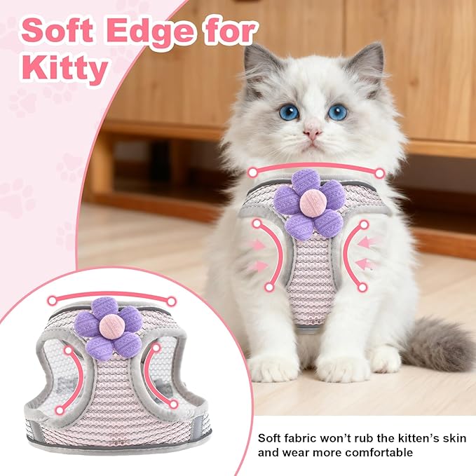 Escape Proof Cat Harness and Leash Set, Adorable Purple Floral Cats Vest Harness for Kittens Breathable Adjustable Step-in Cat Walking Harness with Reflective Strip for Outdoor Walking Travel