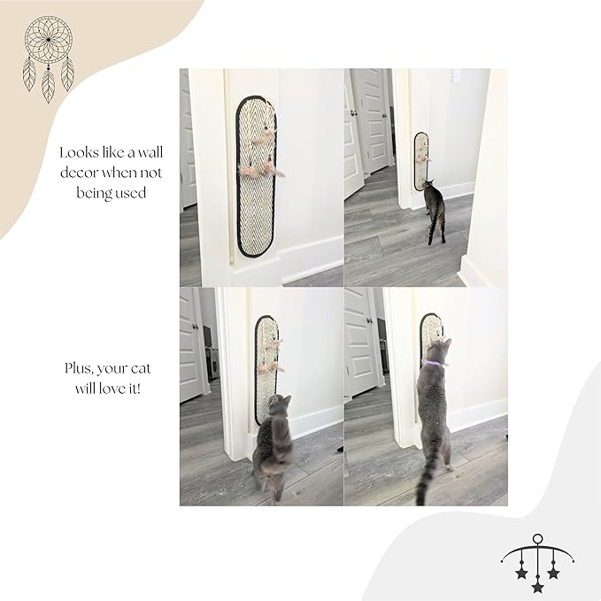 Boho Sisal Cat Scratcher Mat with Hook and Loop Strips (Scratch Protector for Carpet, Sofa, Wall and Furniture), Durable and Shedding-Resistant Surface (Oval Medium, Fishbone)