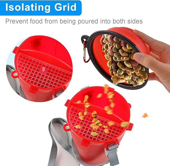 Dog Travel Water Bottle Collapsible Bowls, 2 in 1 Pet Food Container with Collapse Bowls, Outdoor Portable Water Bowls for Walking, Traveling, Camping and Hiking (Red)