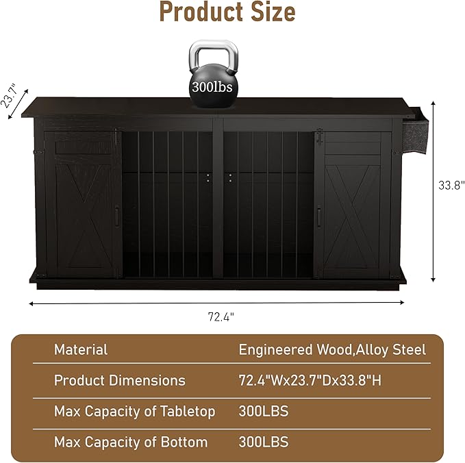 78.8" Double Dog Crate Furniture with Sliding Barn Doors, 4 Storage Spaces, Extra Large Indoor Pet Kennel for 2 Dog, Farmhouse Style Cage (Advanced Black)