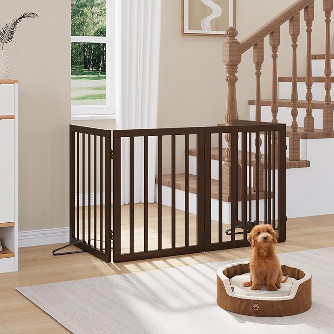 Freestanding Bamboo Wood Dog Gate Indoor, 4-Panel Pet Gates with 2 Stands and 360° Hinge for Doorways and Stairs, Puppy Gate for The House, Fully Assembled Safety Fence 74" W x 24" H - Black Walnut
