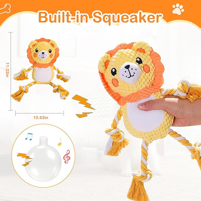 Dog Squeak Plush Toys, Cute, Funny, Durable Fabric Rope Dog Toy for Small, Medium Pets, Indoor and Outdoor, Ideal Pet Gift, Lion