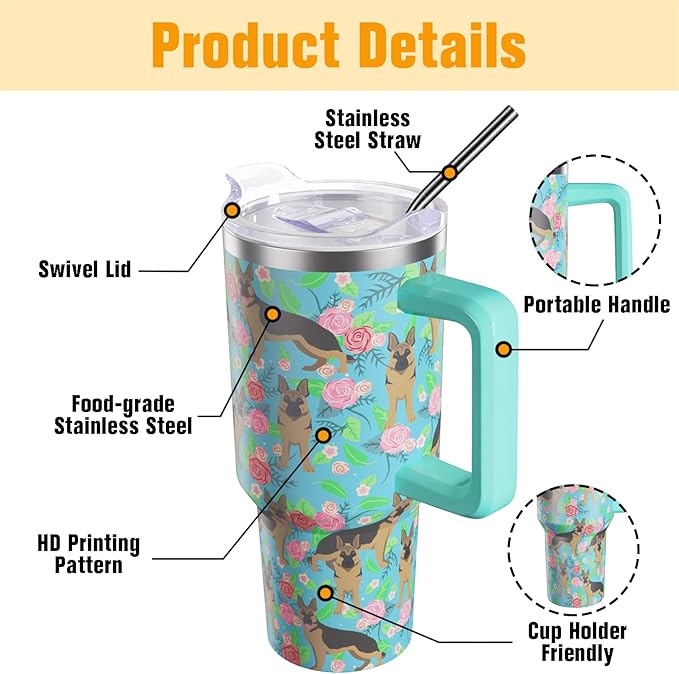 German Shepherd Gifts for Women Dog Lovers 40 oz Floral German Shepherd Tumblers with Handle and Straw, Stainless Steel Vacuum Insulated Travel Coffee Mug Cup Water Bottle