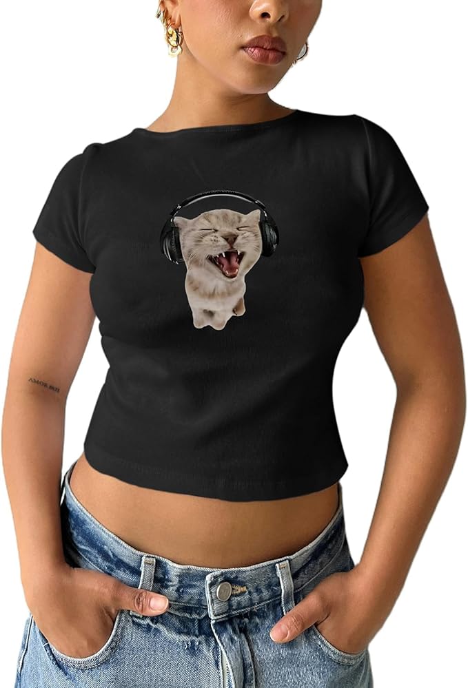 Cat Graphic Baby Tee for Women Grunge Y2k Shirt Funny Crop Tops Teens Cute Cropped Tees Aesthetic Printed Tshirts