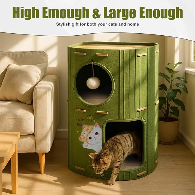 2-Tier Felt Cat House & Tunnel Bed for Indoor Cats – Enclosed Felt Cat Cave Condo with Plush Ball & Cushion – Cozy Hideaway Nest & Cat Furniture, Large Covered Casa para Gatos