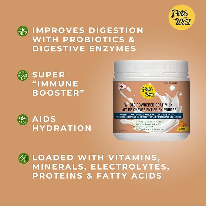 Pets Gone Wild Goat Milk Powder, Non-GMO, Picky Eater Friendly, Liquid Gold High Protein Supplement for Gut Health, Immunity & Hydration Ideal as Milk or Food Topper, Made in Canada