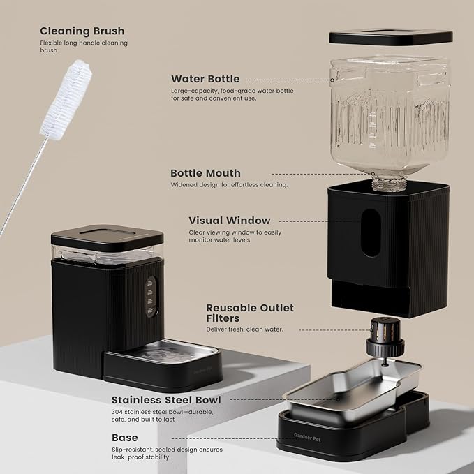 Gardner Pet Automatic Dog Water Dispenser Gravity Waterer with Stainless Steel Bowl Water Dispenser 6.5L Large Capacity Water Feeder for Dogs Cats Pets, BPA-Free Noise-Free (Black, 6.5L)