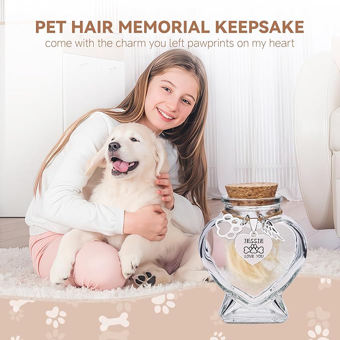 Personalized Pet Memorial Bottle,Engraved Heart Glass Urn for Dog & Cat Ashes/Fur, Custom Pet Name & Paw Print Keepsake, Pet Loss Memorial Gift for Pet Hair Memorial Keepsake