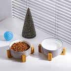 Petygooing Ceramic Cat Dog Bowl Set with Stand, Pet Food and Water Bowl,Medium Pet Dishes Anti Slip Set of 2 Cat Dog Bowls-Cute Modern Pet Food Bowls Small Medium Size (28 OZ /3.6 Cups) Grey White