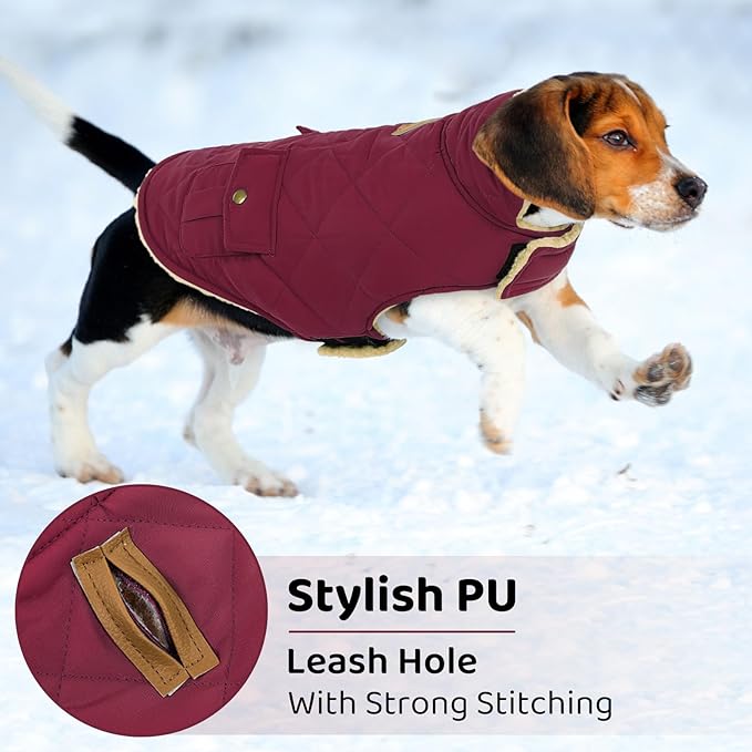 Queenmore Dog Winter Coat Warm Puffer Jacket Waterproof Plush Lining Thermal Cold Weather Vest for Small Medium Large Dogs, Windproof Easy On Pet Jacket Burgundy S
