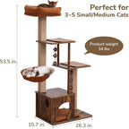 FUKUMARU Cat Tree, 4 in 1 Large Modern Cats Tower with Jute Scratching Post and Hammock, Wood Cat Condo with silvervine Balls, Brown Cat Climber Stand Playhouse for Indoor Cats, Retro Style