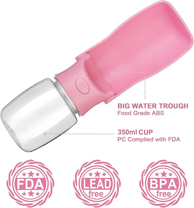 Foldable Dog Water Bottle - Portable Dispenser | Leak Proof & Food Grade Plastic Travel | Pet Water Bottle for Dog Cat Outdoor Walking Hiking Travel(Pink, 12oz)
