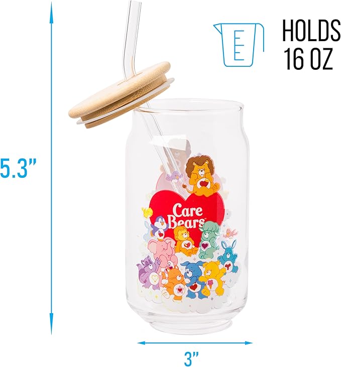 Silver Buffalo Care Bears Heart Cousins Brave Lion Playful Monkey Gentle Lamb Cozy Penguin Lotsa Elephant Bright Raccoon Proud Cat Loyal Dog Treat Pig Swift Rabbit Glass Jar Tumbler w Bamboo Lid, 16oz