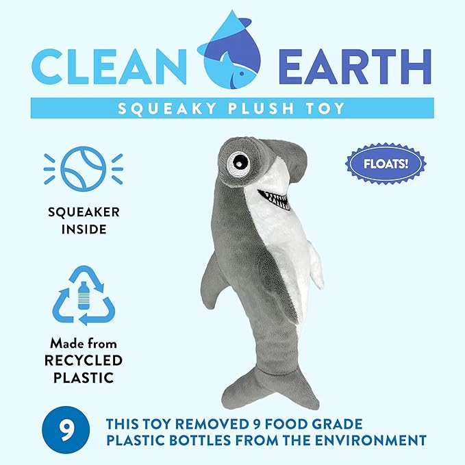 Spunky pup Clean Earth Plush Dog Toy with Squeaker - Recycled, Eco-Friendly, Floats for Beach, Lake, Pool - Shark, Small