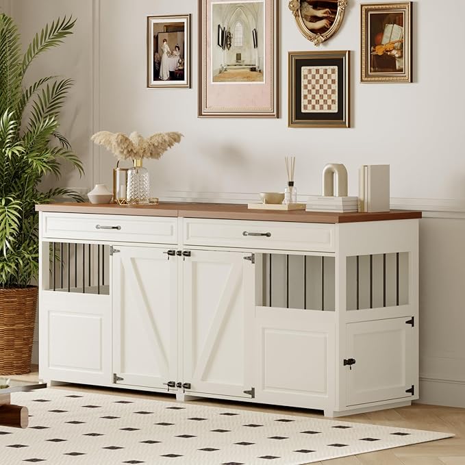 Dog Crate Furniture - Indoor Wood Dog Kennel Furniture 4 Doors with Divider and 2 Drawers - 72" L x 23.6" W x 33.5" H, White
