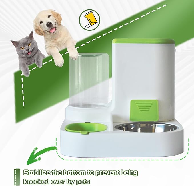 Automatic Cat Food and Water Dispenser Set 2 in 1,All-in-One Gravity Pet Feeder with Stainless Steel Cat Food Bowl Travel Auto Supply Feeder and Water Dispenser for Small Medium Cats Dogs (Green)