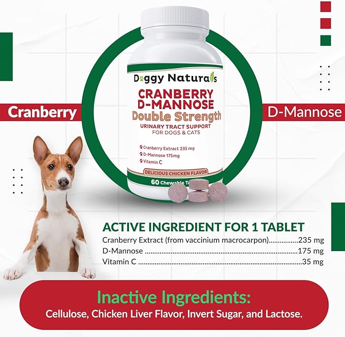 Cranberry D-Mannose for Dogs and Cats Urinary Tract Infection Support Prevents and Eliminates UTI, Bladder Infection Kidney Support, Antioxidant (Double Strength Tablet, 150 Count)