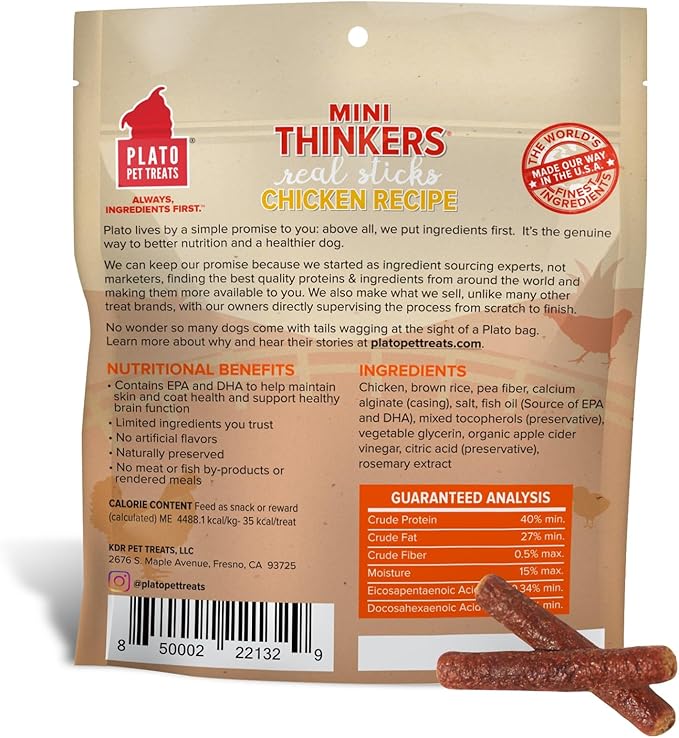 PLATO Mini Thinkers Sticks - Natural Dog Treats - Real Meat - Air Dried - Made in the USA, Chicken Flavor, 3 ounces