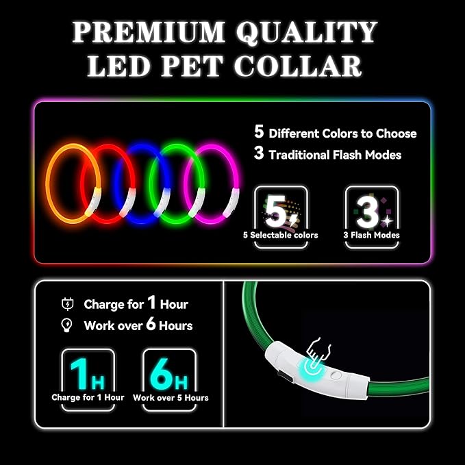 Led Light Up Dog Collar Rechargeable Waterproof, Glow in Dark Dog Collar, TPU Cuttable Lighted Dog Collars for Night Walking Charging USB, Safety for Small Medium Large Dogs Green