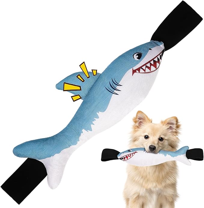 BINGPET Squeaky Dog Toys with Handles for Interactive, Tug of War Puppy Shark Toys to Keep Small Medium Dogs Busy，Puppy Training